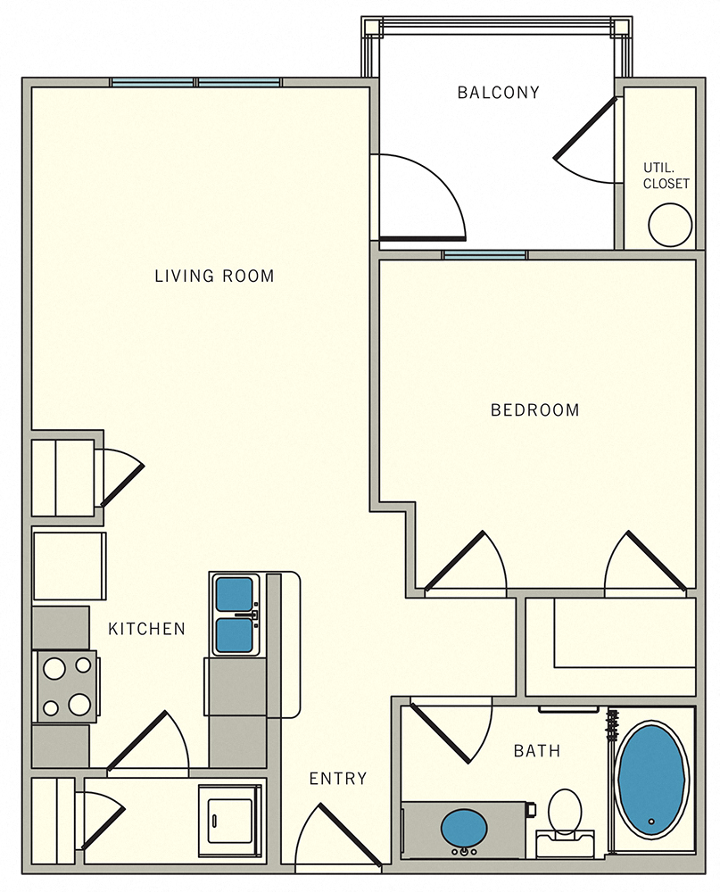 Floor plan for 1 bed, 1 bath, 589 sqft